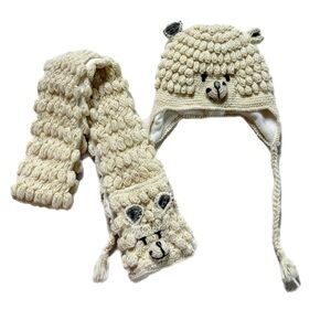 English Heritage Bauble Knit Wool White Polar Bear Ears Hat & Scarf Set 4-6-8